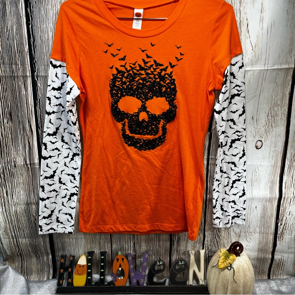 Halloween Sparkle Skull and Bats Long Sleeve T-Shirt (Juniors M 7-9)